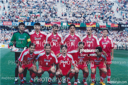 تیم ملی ایران/جام جهانی 1998 فرانسه-احمدرضا عابدزاده Ahmad Reza Abedzadeh,مهرداد میناوند,مهدی پاشازاده,خداداد عزیزی  Khodadad Azizi,مهدی مهدوی کیا,محمد خاکپور,حمید استیلی,علی دایی  Ali Daei,جواد زرینچه,نادر محمدخانی,کریم باقری,